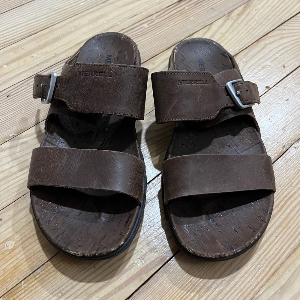 Merrell Leather Slide Sandals Womens 7 Brown Buckle Cork Footbed J03758 - Picture 4 of 9